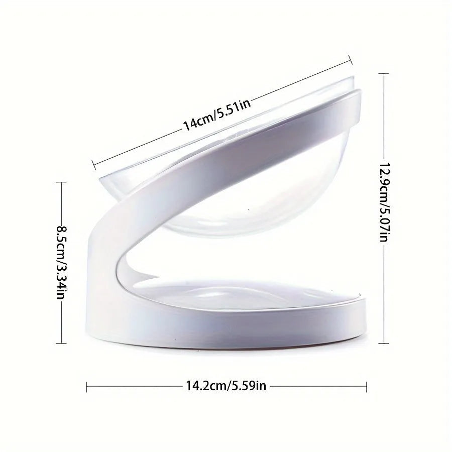 White clear elevated plastic cat food bowl with anti-vomit tilt design.