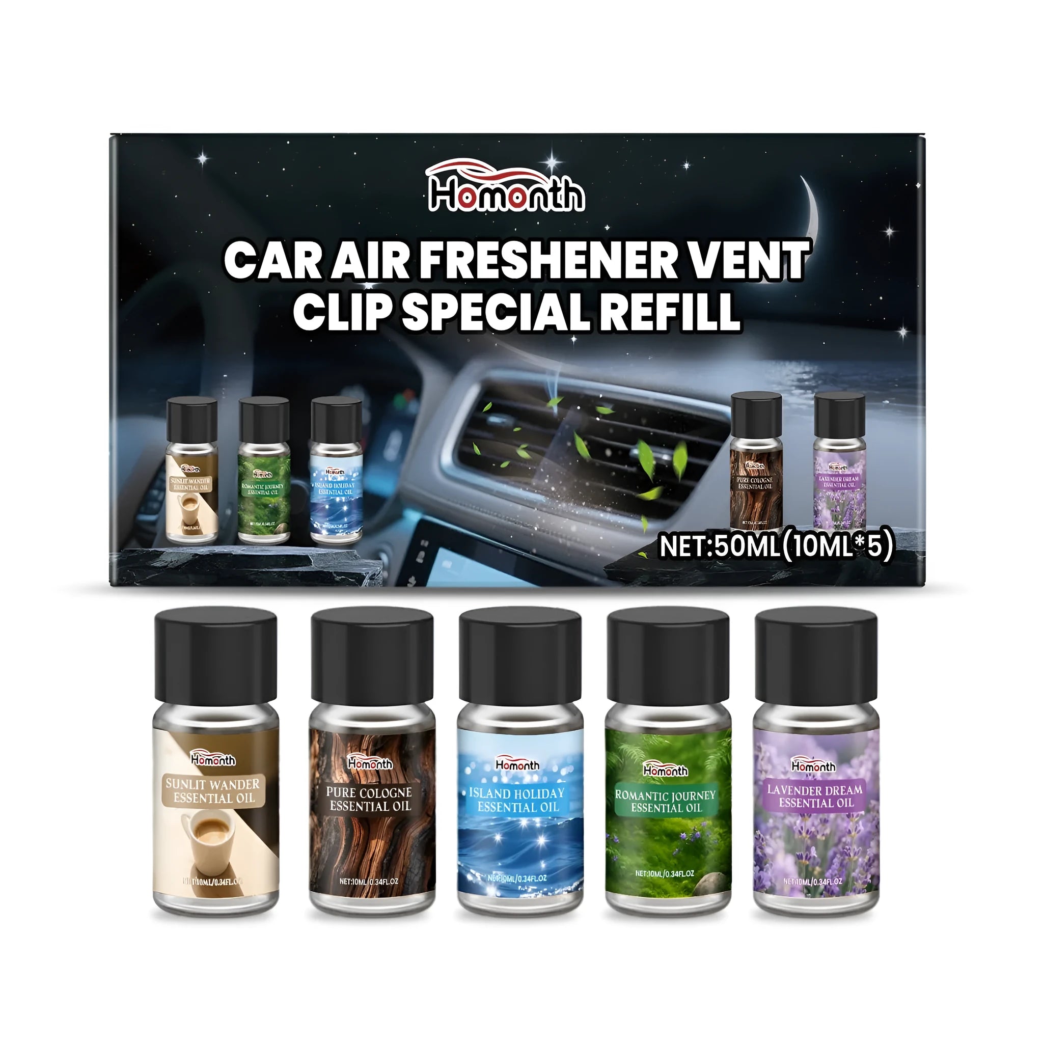 Car air freshener refill set showing five 10ml bottles with different scent labels