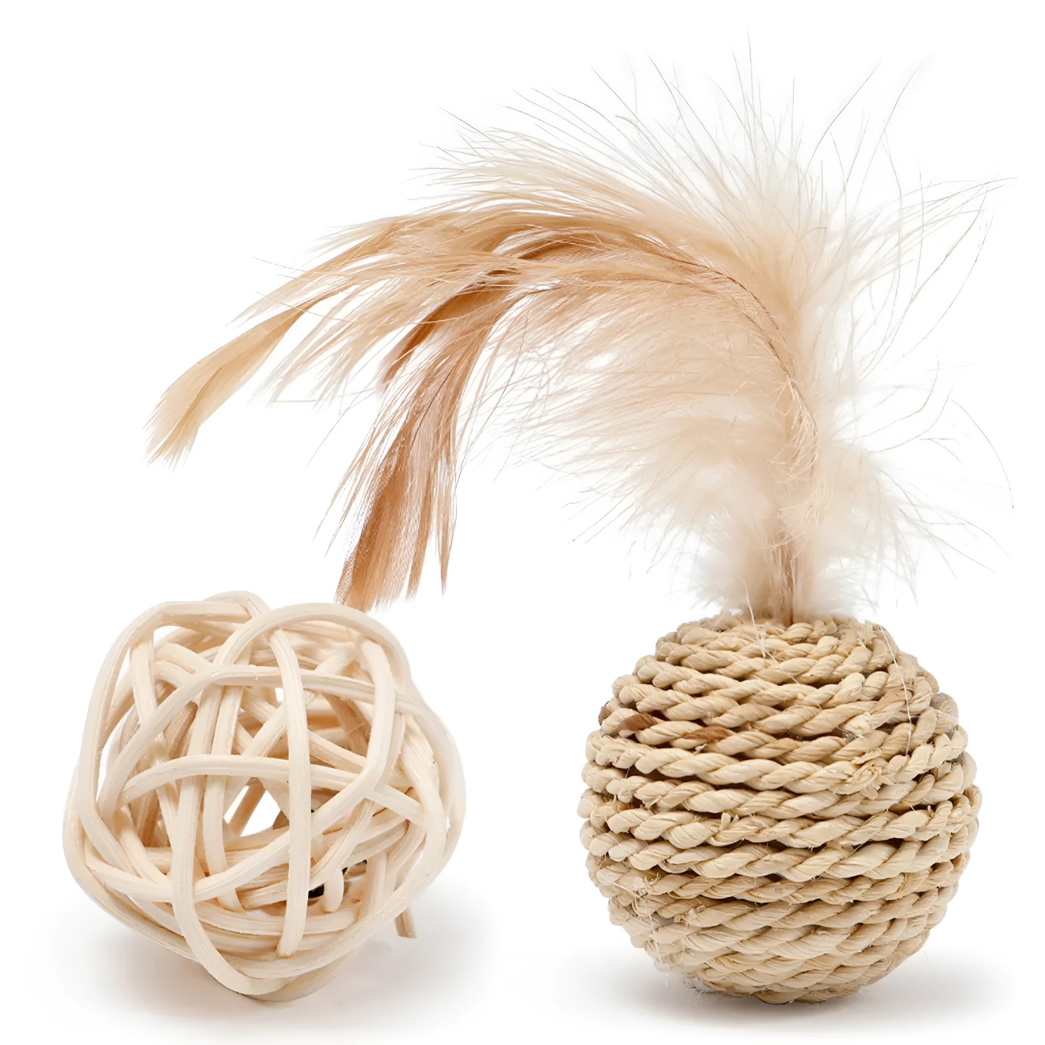 Two cat toys: a rattan ball with a bell and a faux feather ball on a plain background.