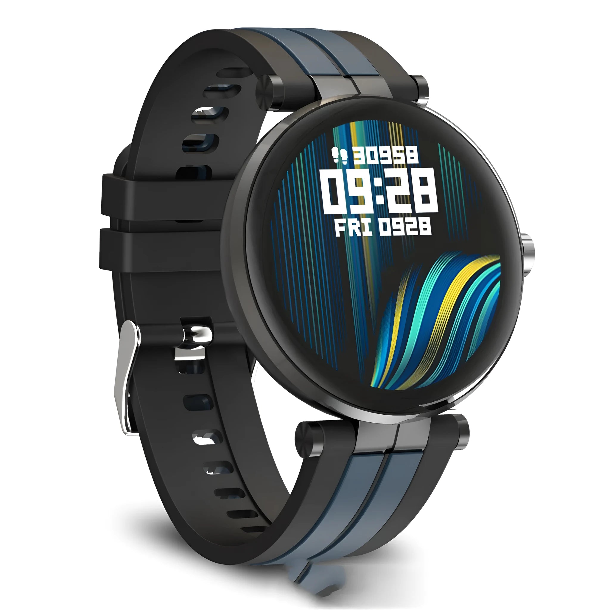 Black smart watch with blood pressure monitor and heart rate tracker on a silicone strap.