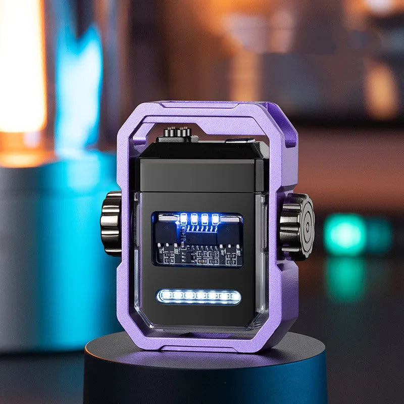 Windproof double arc electric lighter with mechanical gyroscope in zinc alloy construction showing folding design