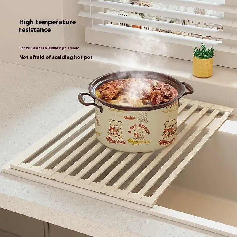 Foldable milky white 304 stainless steel kitchen draining rack showing collapsed and expanded positions