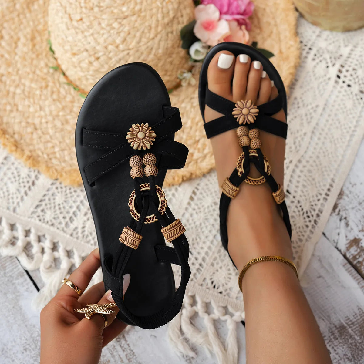 Women's black ethnic style beaded weave open toe beach sandals with rhinestone decoration
