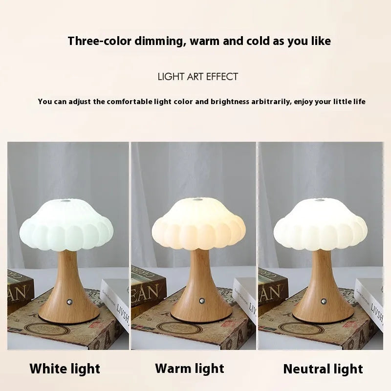 Mushroom-shaped USB rechargeable touch control night lamp in wood grain finish