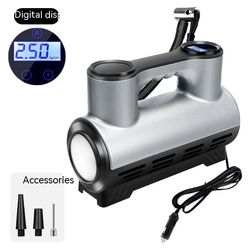 12V portable car air pump with digital display, ABS body, and multiple air nozzles for tyres
