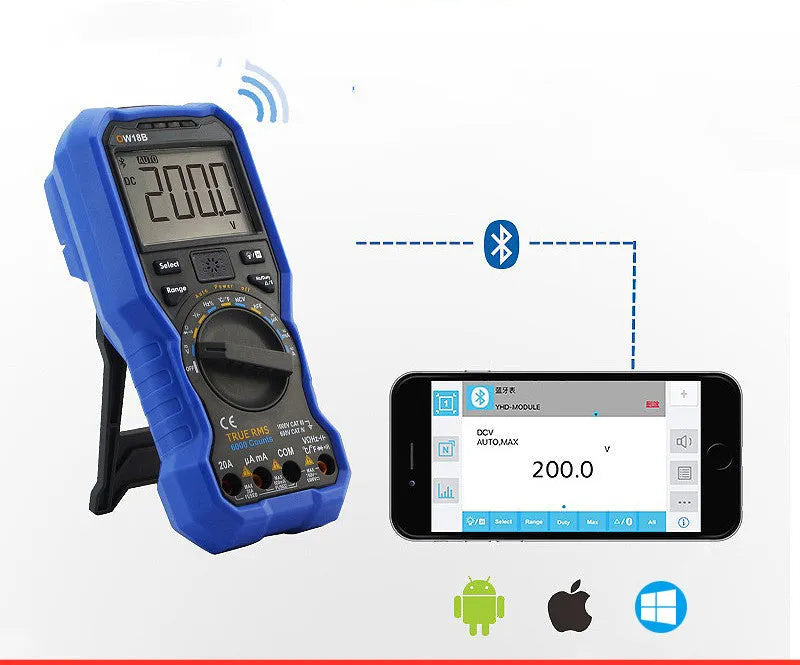 Handheld digital multimeter with display showing voltage reading, set of test probes, and optional Bluetooth dongle.
