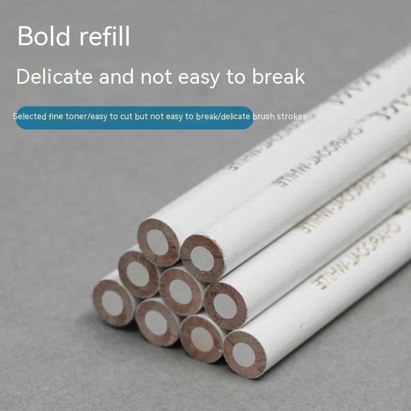 Set of three white charcoal sketching pencils with wooden barrels for highlighting on dark paper