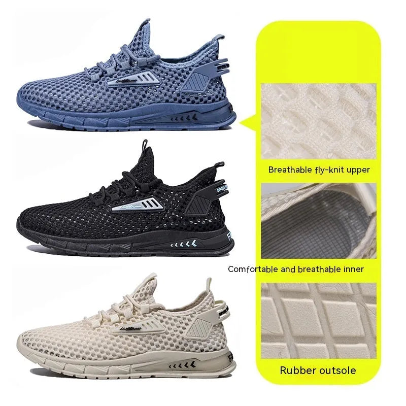 Men's beige casual sneaker with synthetic leather upper and mesh detailing, flat low-heel profile on a white background.