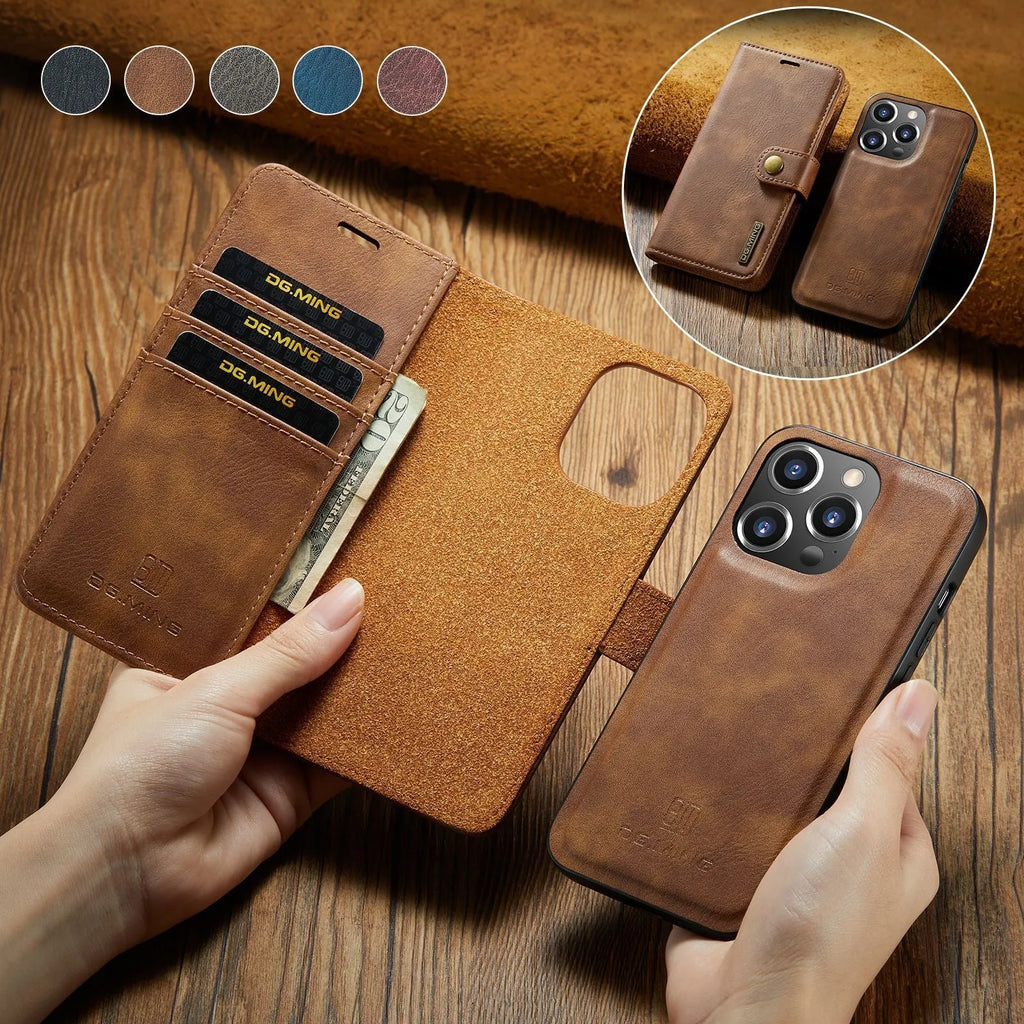 Split PU leather wallet iPhone case with card slots, detachable bottom shell, black brown grey red blue