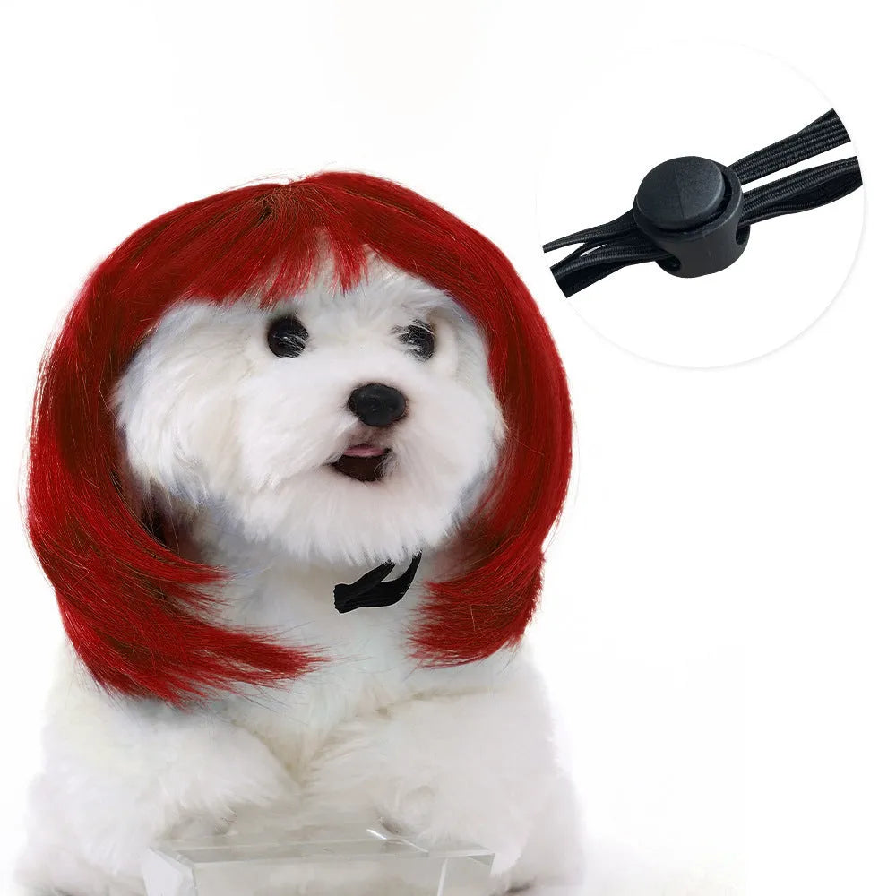 Halloween pet wig for cats and dogs in high-temperature fibre, shown in blue, natural, orange, red and silver colour options