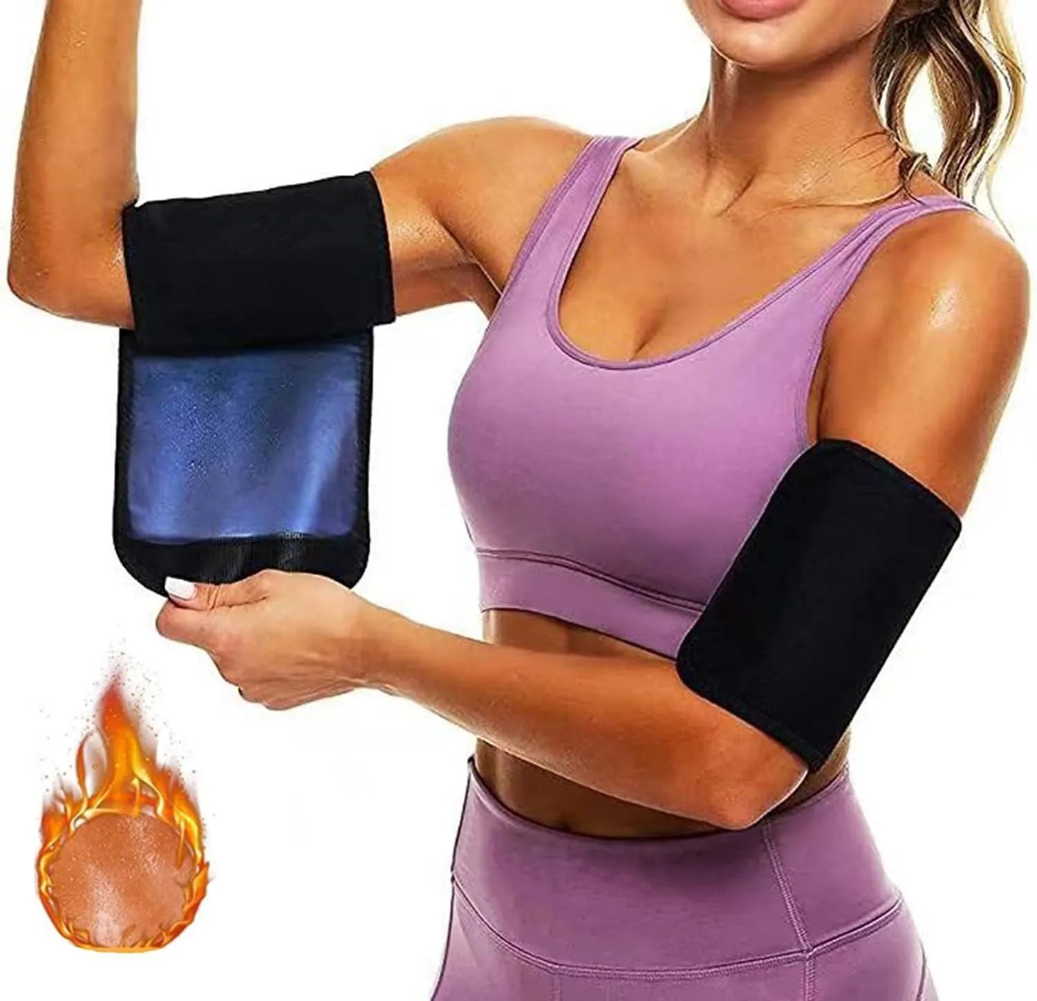 Blue and silver arm compression sweatbands shown in various sizes for sports and yoga.