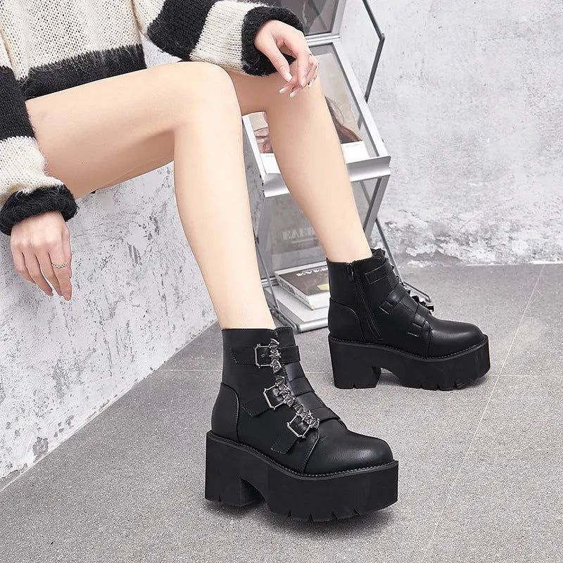 Black women's Harajuku punk style Martin boots with bat buckle detailing and side zipper