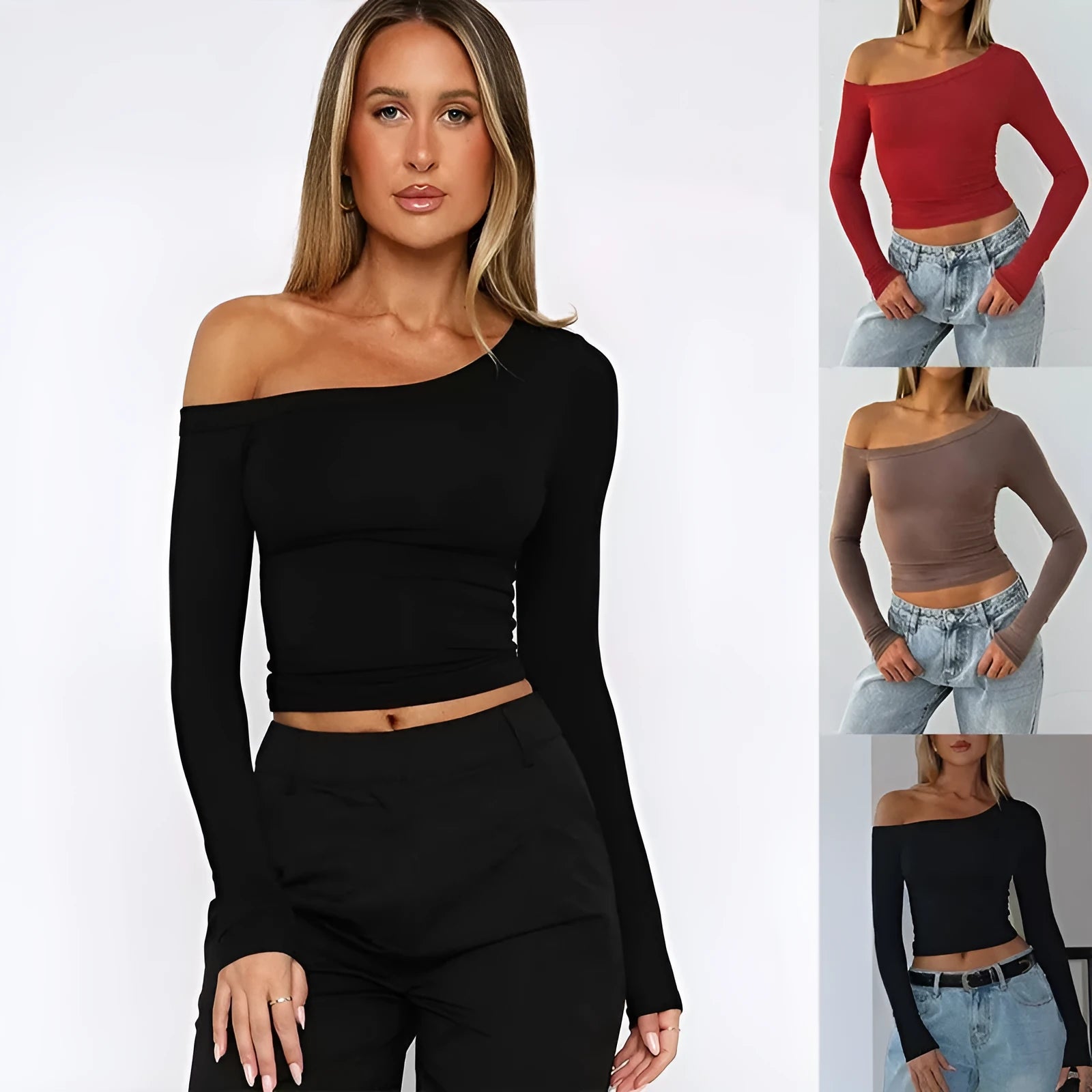 Women's slim fit knitted cardigan with cross shoulder straps in black, brown, or red.