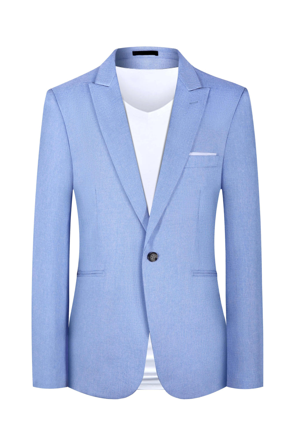 Men's light blue western style suit jacket showing front view with sizing chart