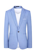 Men's light blue western style suit jacket showing front view with sizing chart