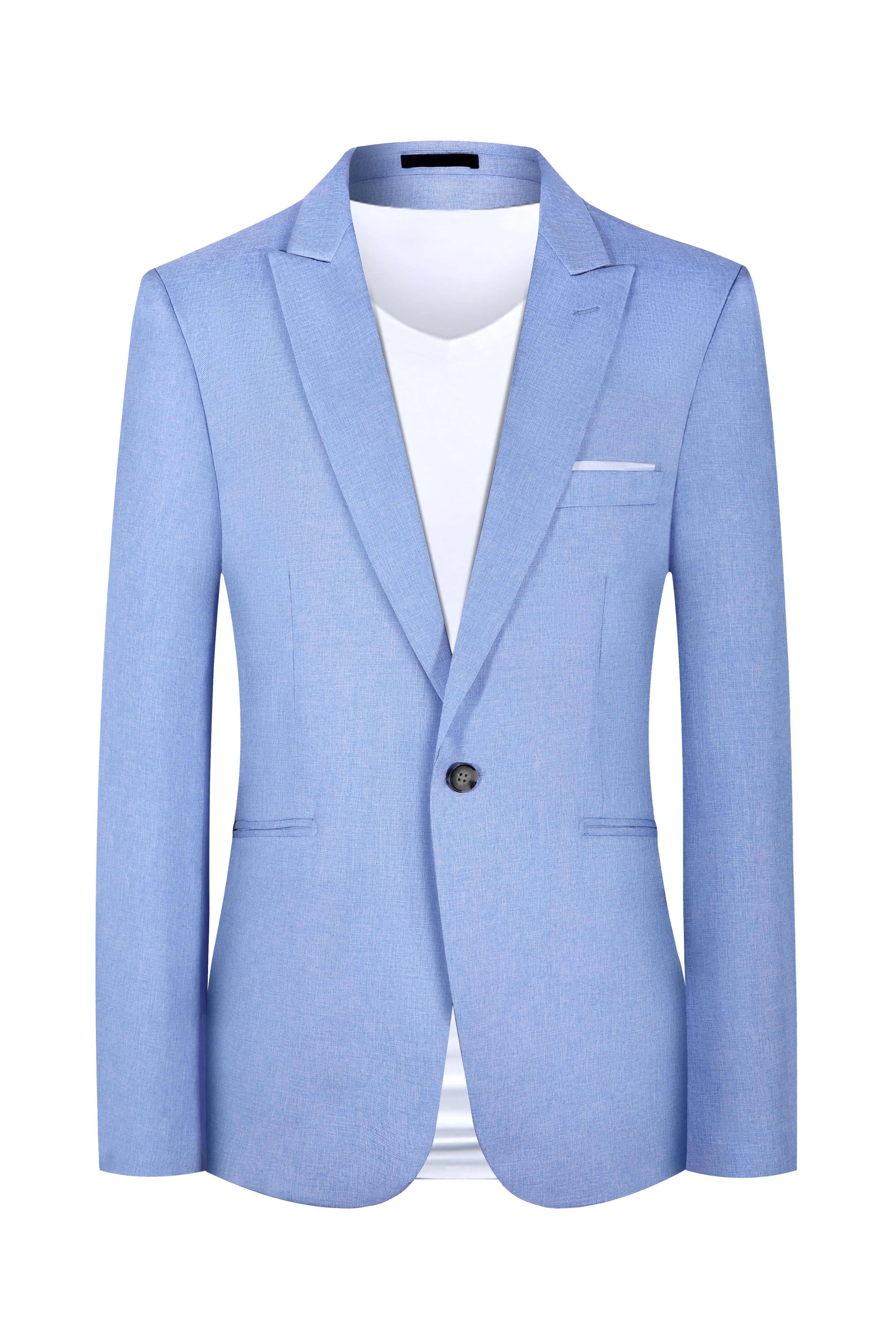 Men's light blue western style suit jacket showing front view with sizing chart