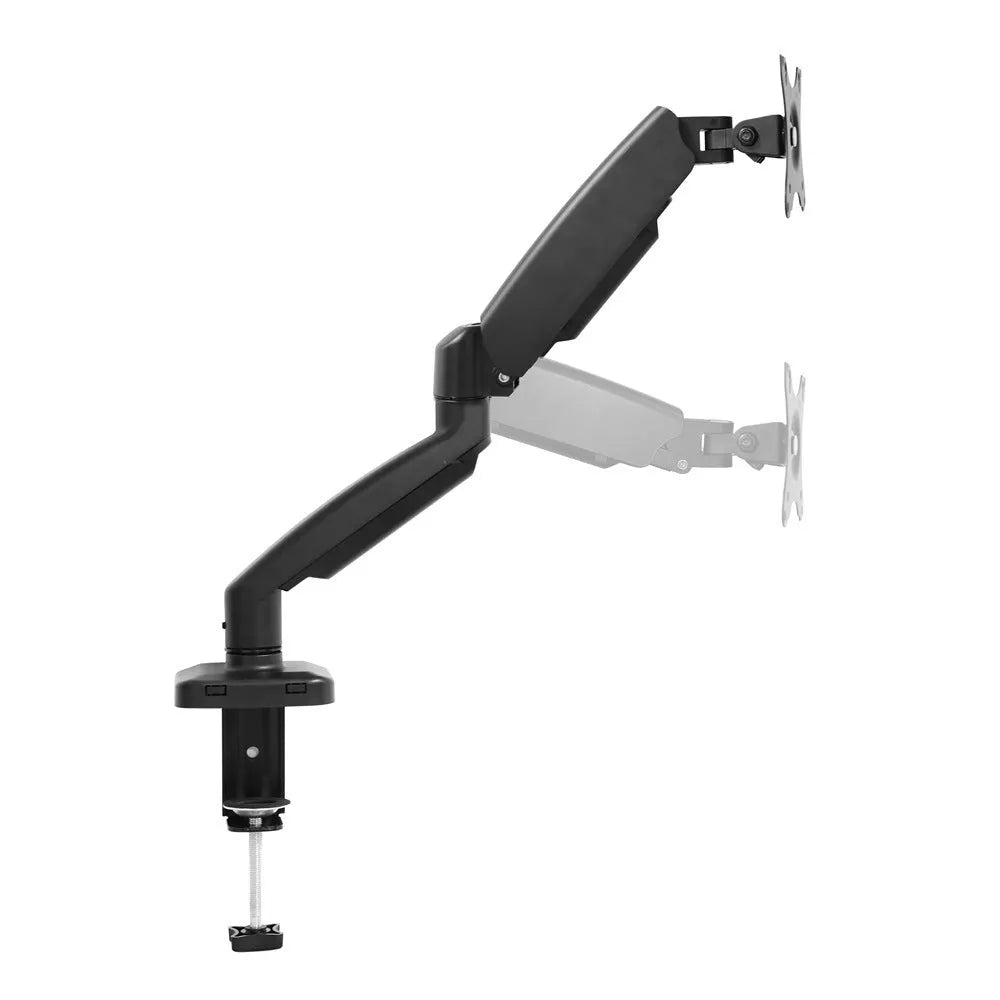 Black rotating telescopic LCD screen bracket with metal and aluminium construction on table