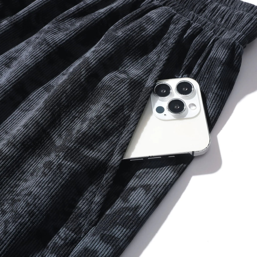 Men's corduroy camouflage athletic shorts in black colour showing high waist and straight cut design