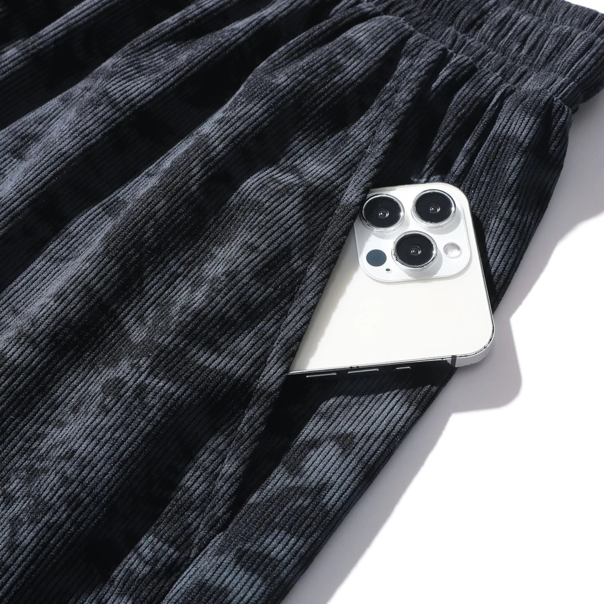 Men's corduroy camouflage athletic shorts in black colour showing high waist and straight cut design