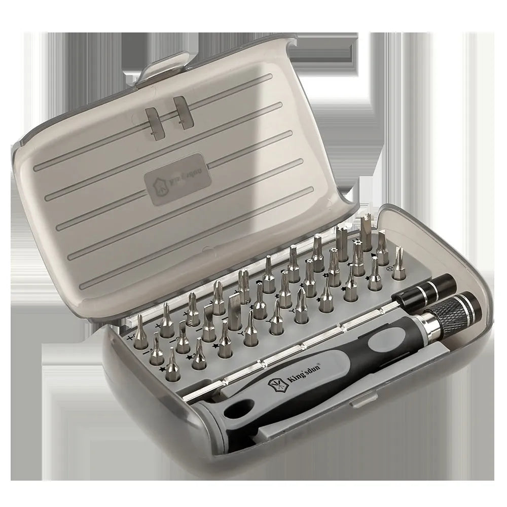 32 in 1 screwdriver set with 30 bits in compact black storage case showing CRV steel construction