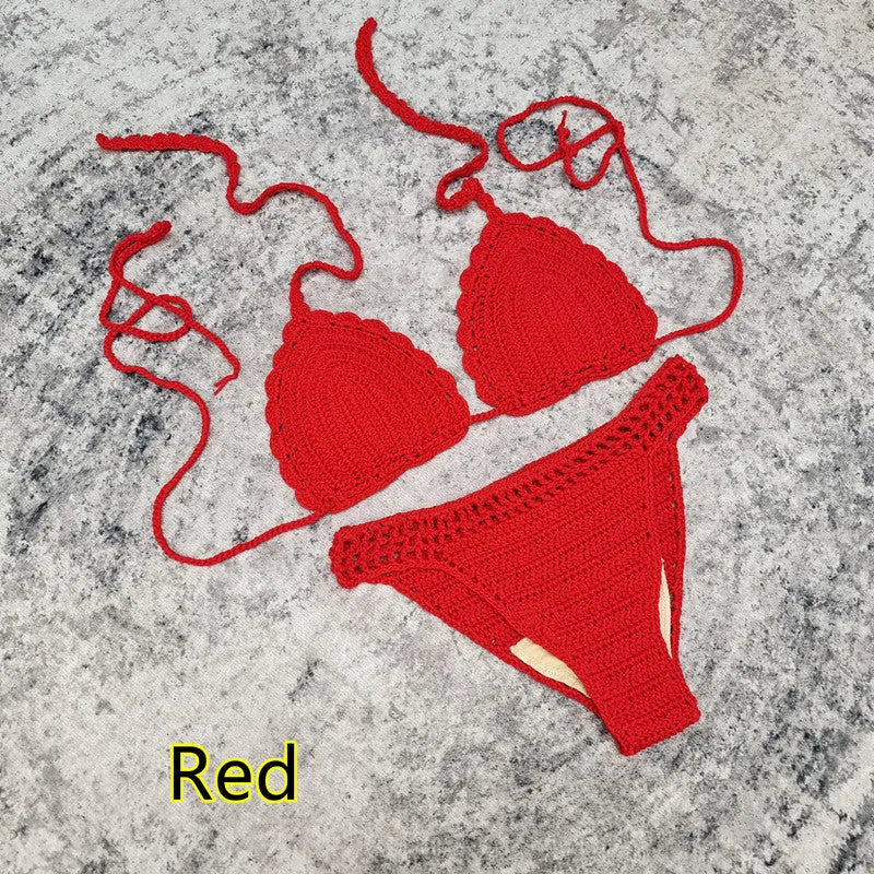 Handmade crochet bikini swimsuit set with matching beach skirt in acrylic fabric
