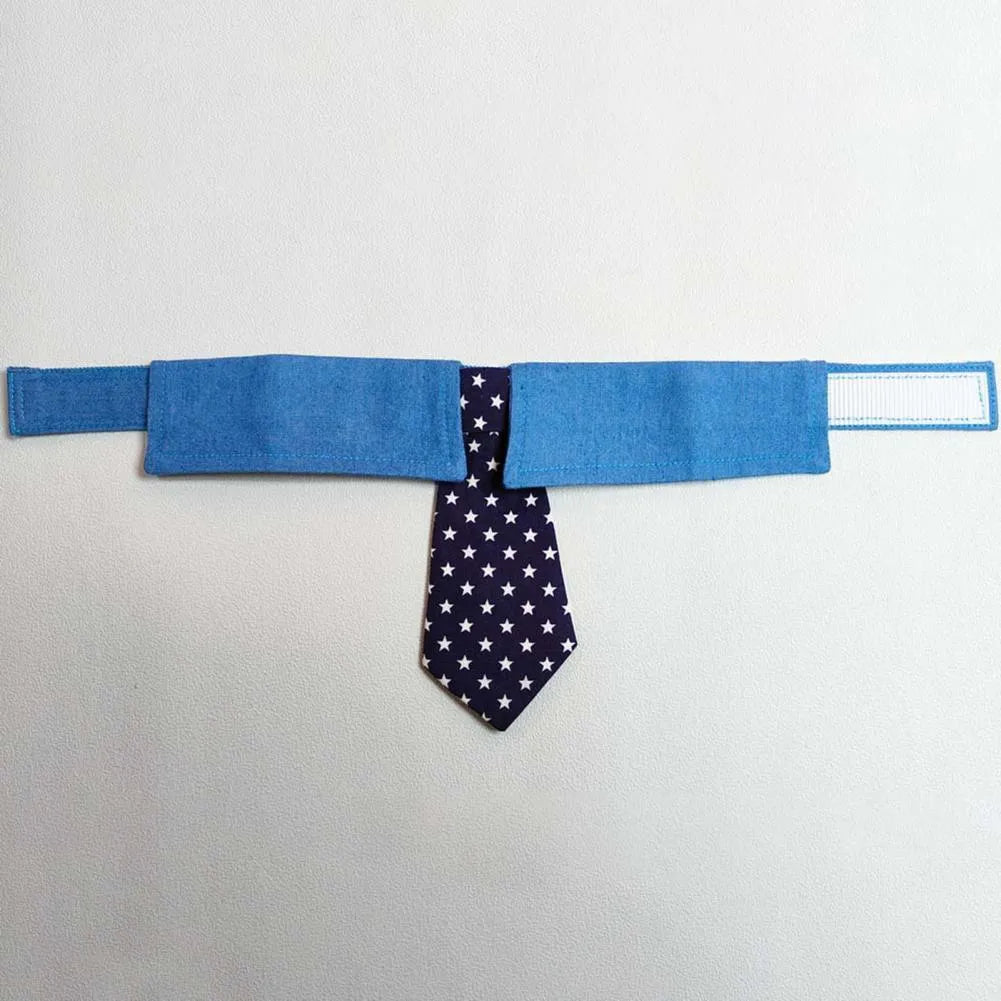 Adjustable denim dog collar with star-pattern bow tie attachment for formal occasions