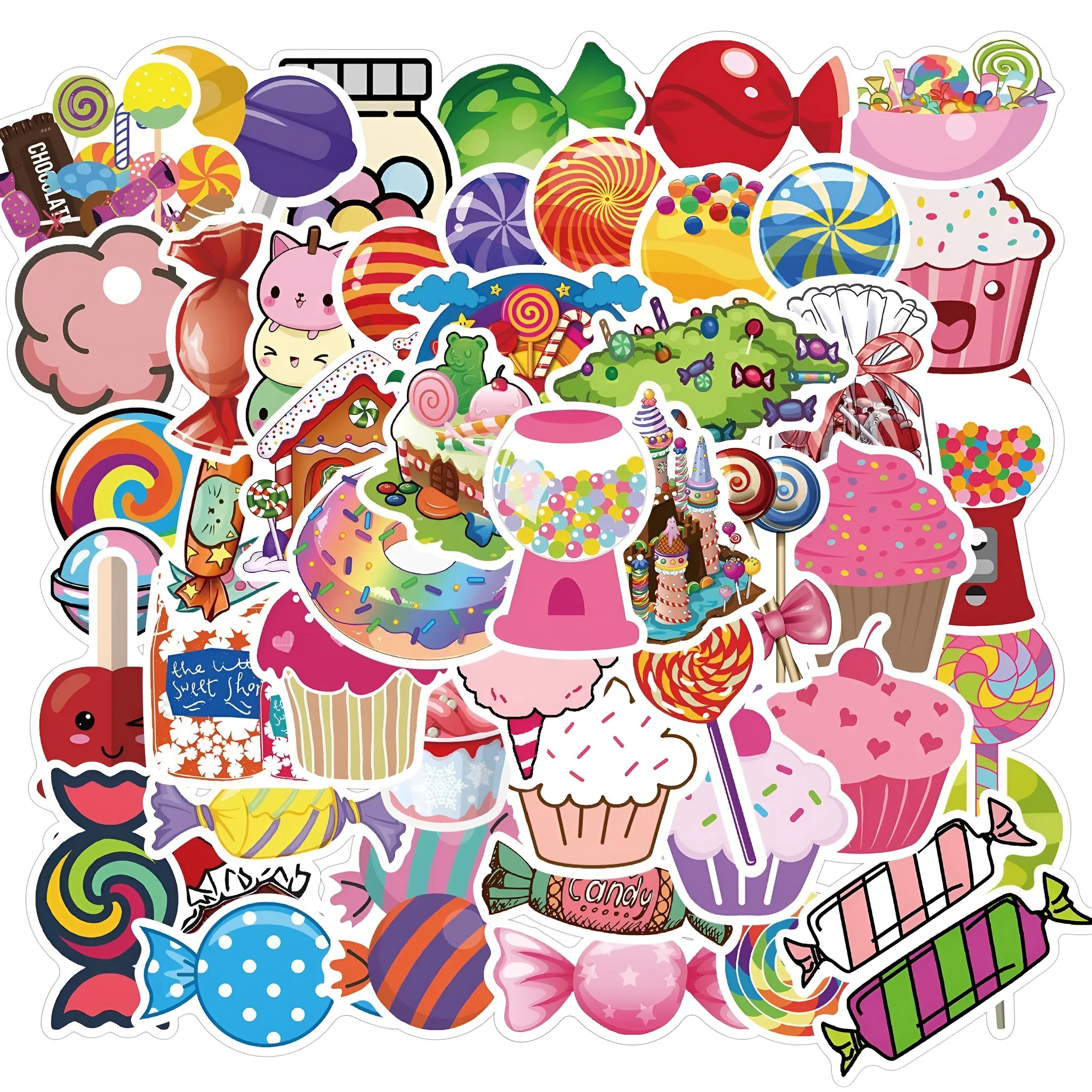 Pack of 50 colourful Candy series graffiti stickers with cartoon designs measuring 4-6cm.