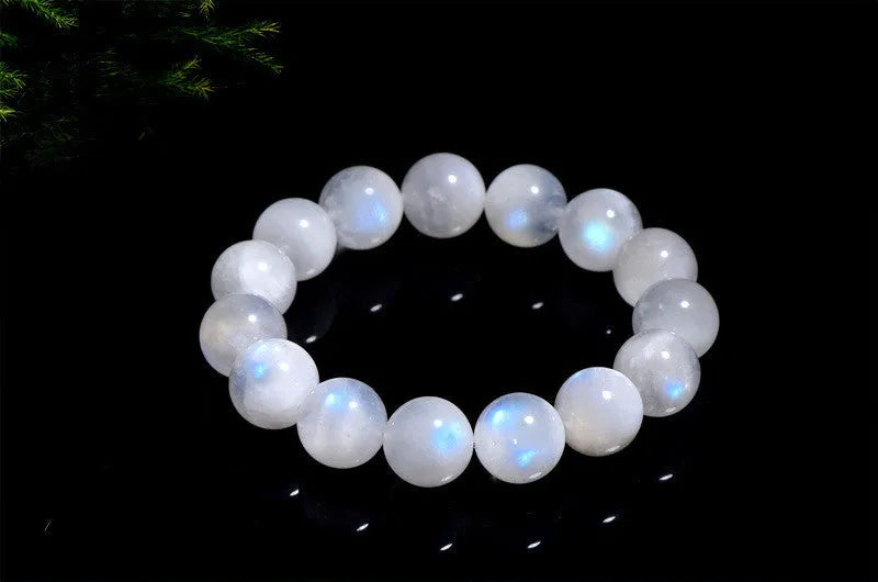 White moonstone bracelet with blue moonlight colouration in round polished beads