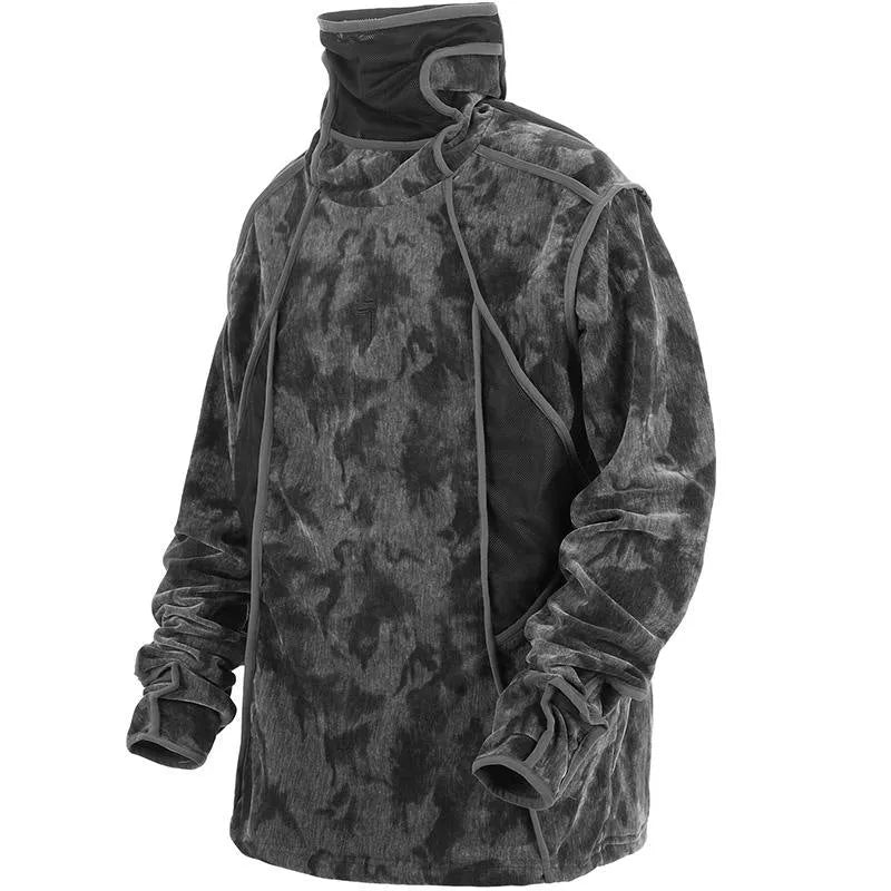 Men's black tie dye printed sweater with a finger turtleneck collar and loose drop-shoulder sleeves.