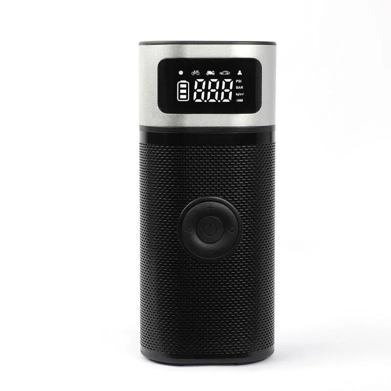 Black portable wireless air pump with 15cm tube, LED light, and multiple inflation nozzles