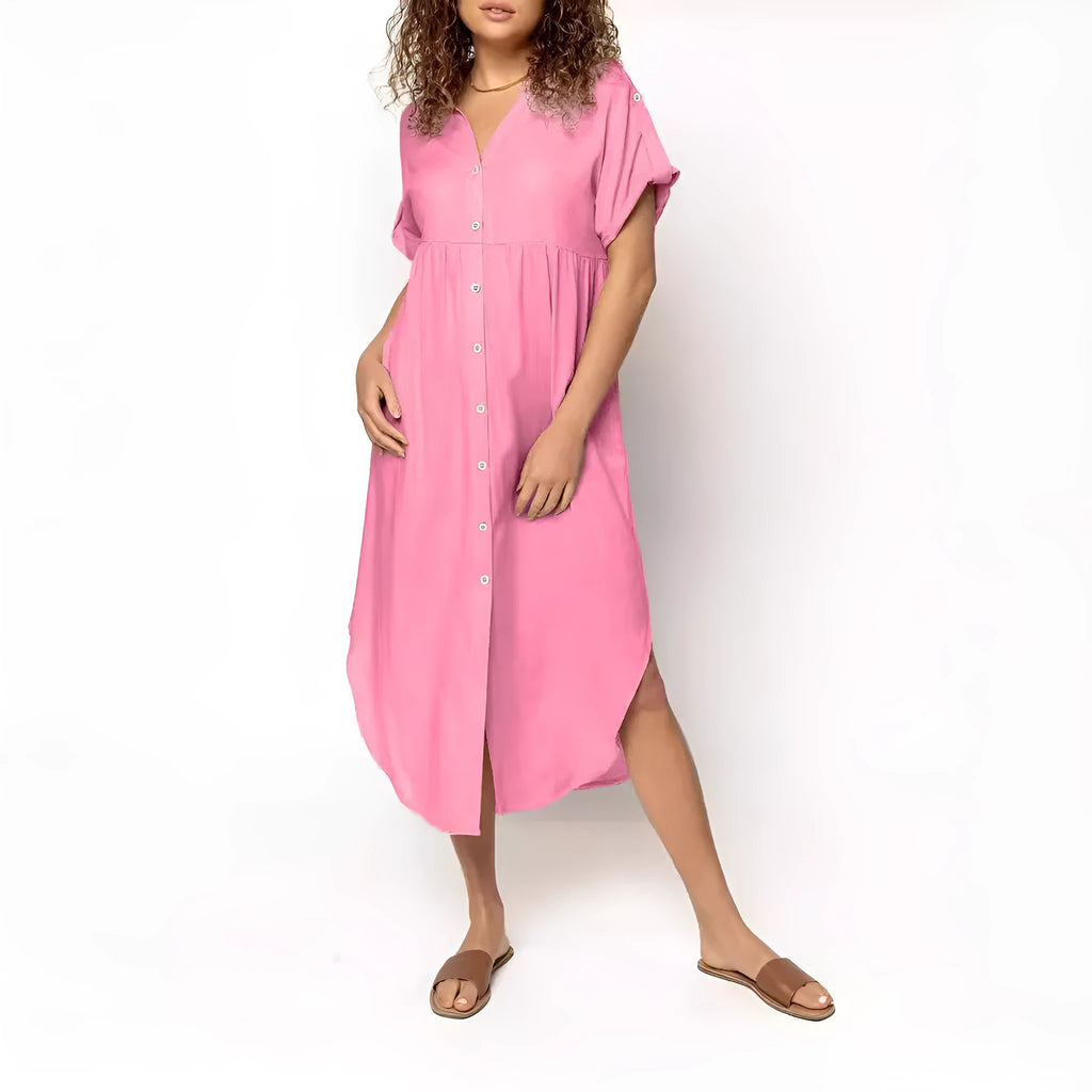 Women's loose mid-length casual dress with button front in solid colour options