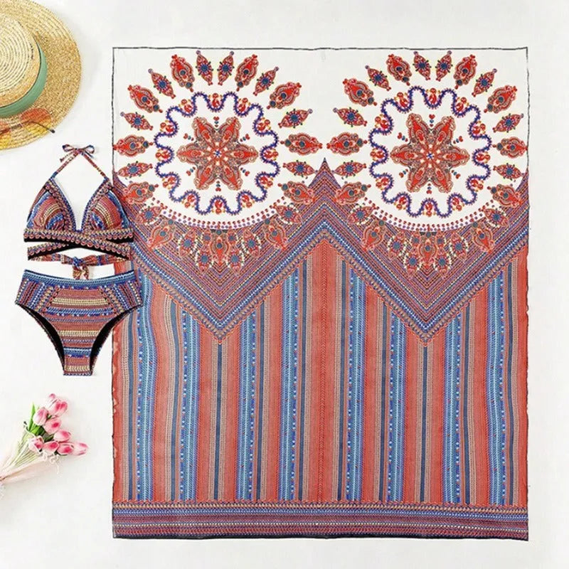 Women's three-piece swimsuit set with cutout blouse, high-waist briefs, and coat in polyester fabric
