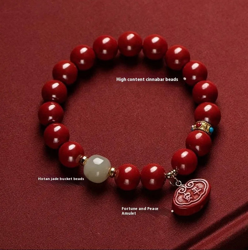 Natural cinnabar bracelet with emperor sandstone Ping An Fu Lu design, shown in 8mm and 10mm bead size options.