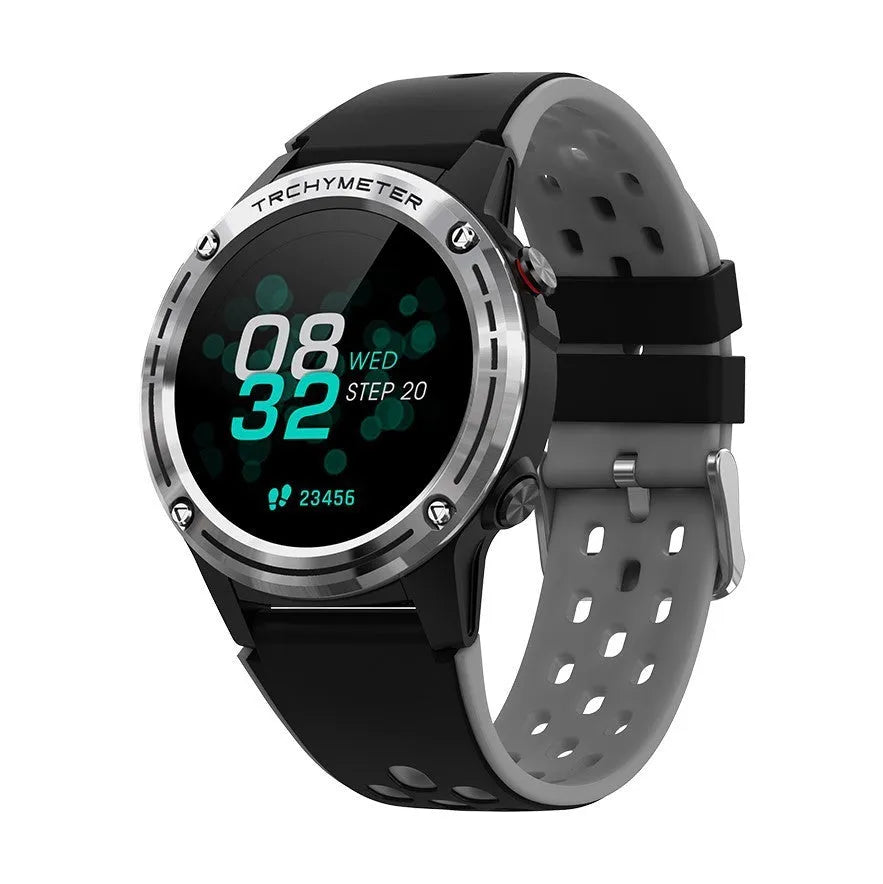 GPS smart watch with black silicone strap and toughened glass screen showing fitness tracking display