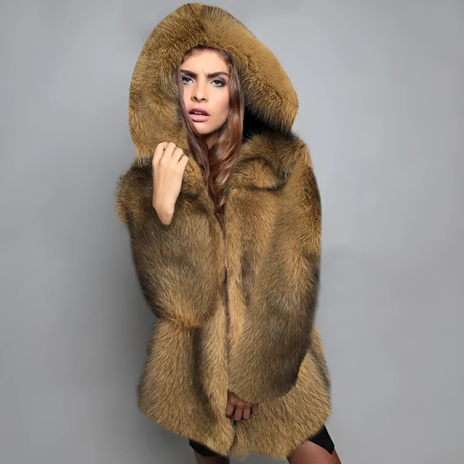 Women's silver grey artificial fur coat with medium length and loose fit
