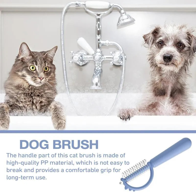 Blue dinosaur-shaped self-cleaning cat brush with stainless steel pins