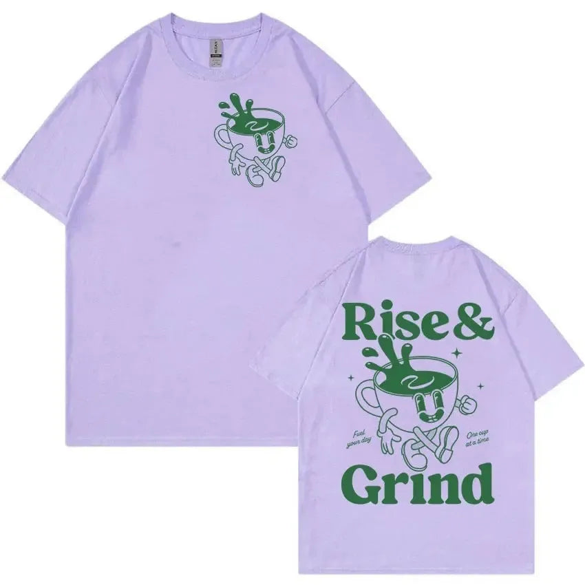 Men's loose linen t-shirt with green coffee cartoon design showing 'Rise and Grind' text