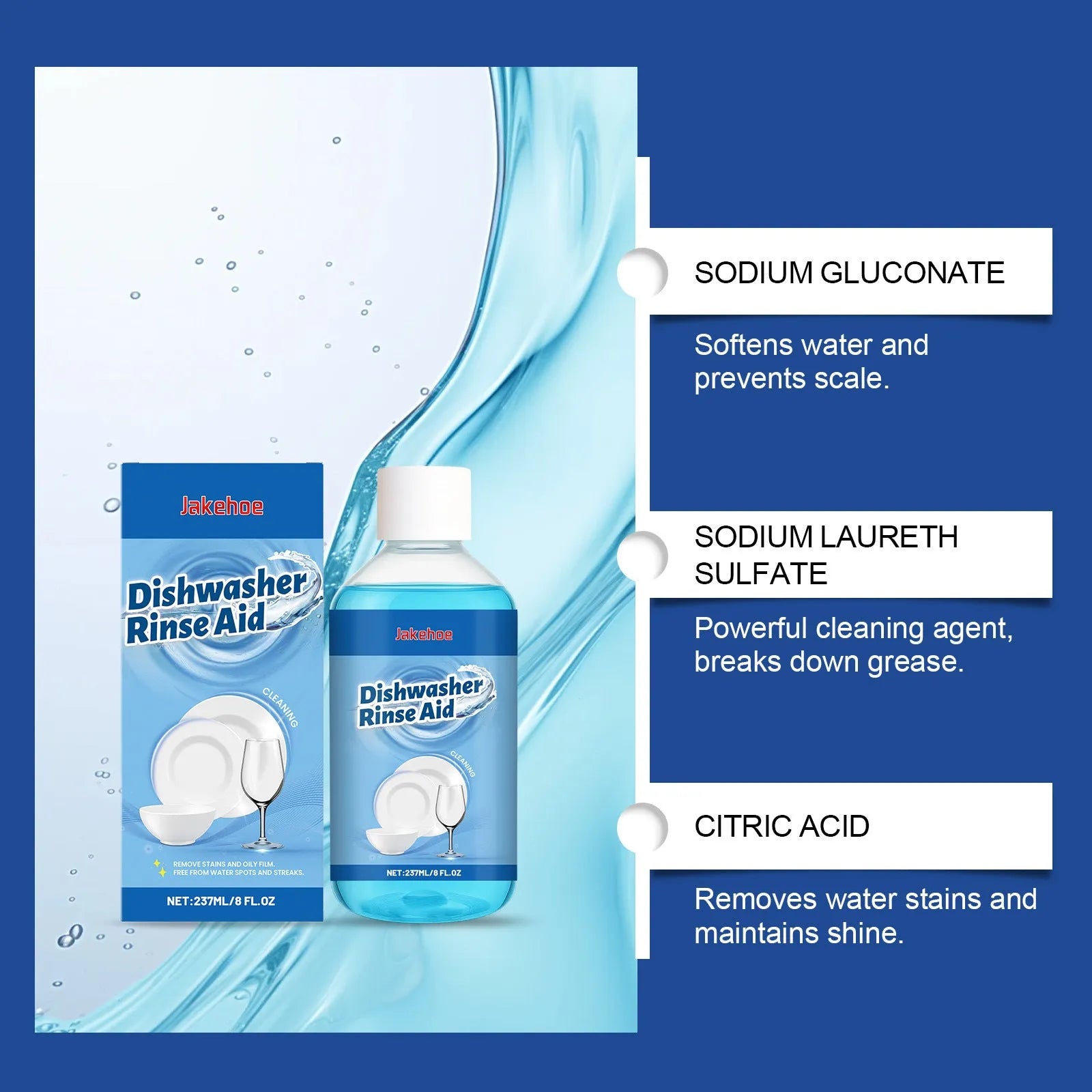 237mL dishwasher detergent aid bottle measuring 5.8cm by 12.8cm for stain removal