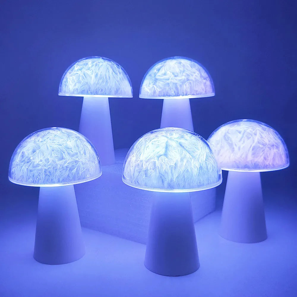 Mushroom-shaped remote control ambience light with colourful RGB lighting on wooden surface