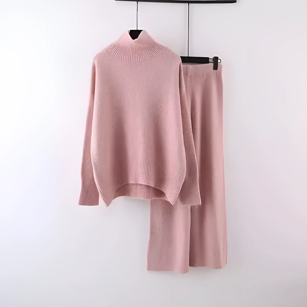 Women's beige acrylic sweater and wide-leg trousers two-piece set on a hanger