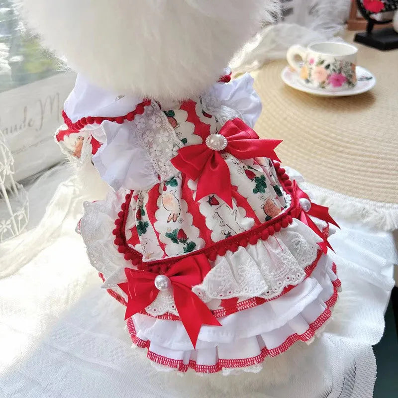 Princess-style rabbit skirt dog dress on a small dog, showing lightweight polyester construction.