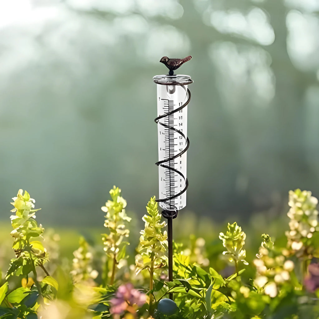 Cast iron bird design rain gauge with glass measurement tube for garden rainfall monitoring