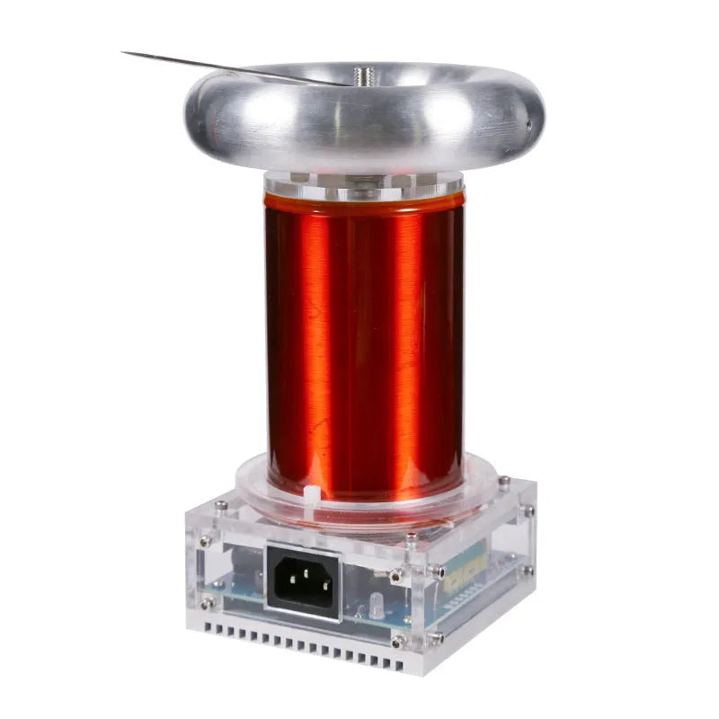 Tesla coil driver board unit with 3.5mm audio port, showing dimensions 100x115x205mm.