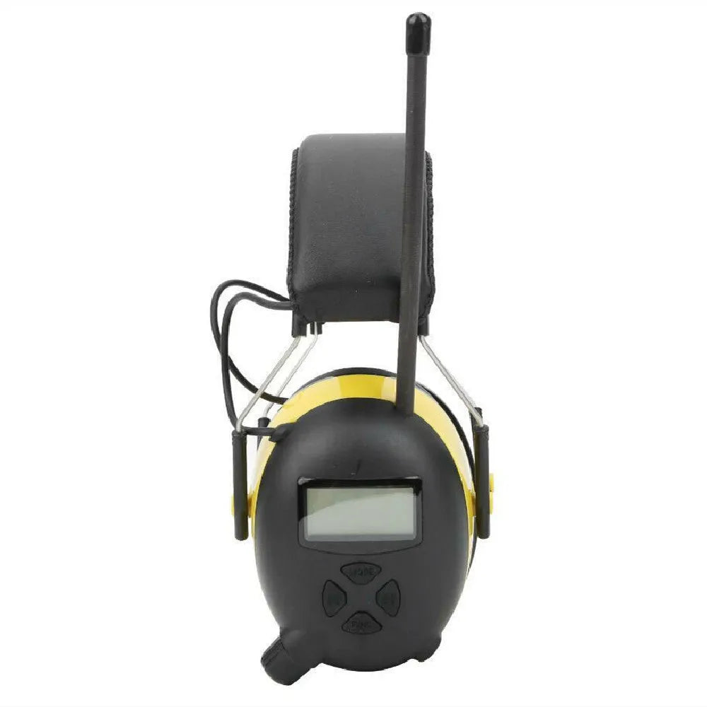 Black and yellow anti-noise earmuffs with 30dB NRR, AM/FM radio, adjustable headband, and audio input socket