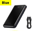 Blue slim magnetic wireless power bank showing dimensions 117.3x69.7x20.3mm with charging cable