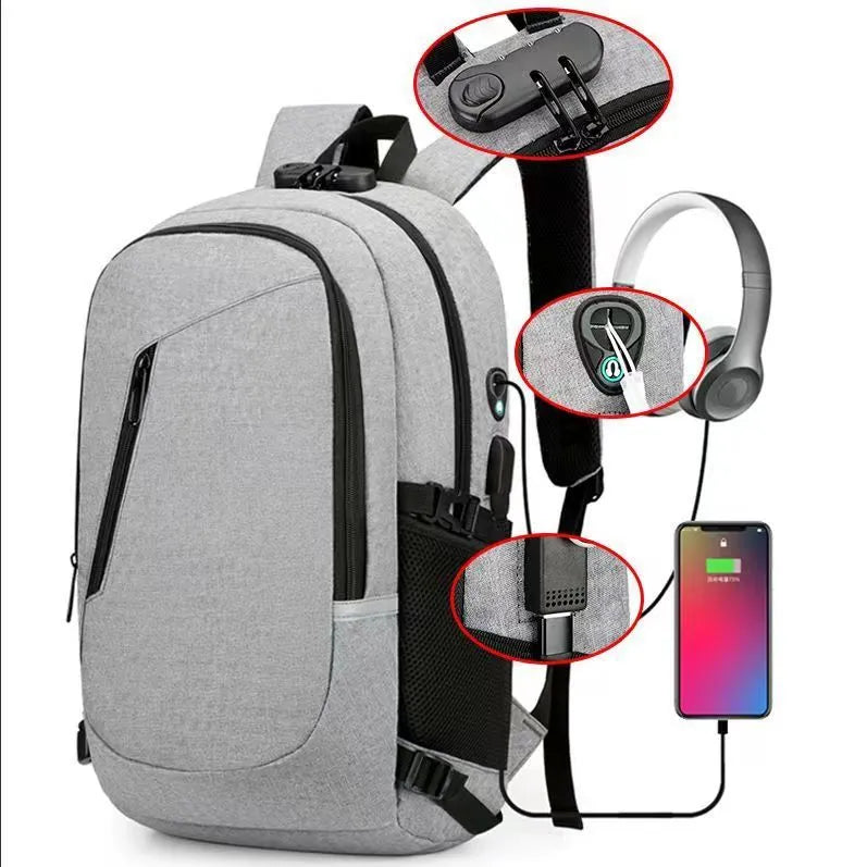 Oxford cloth computer backpack in blue, showing front view with dimensions 50cm high by 19cm wide.