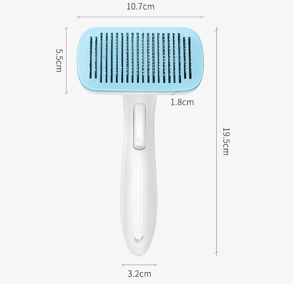 Automatic pet hair removal comb in blue, showing handheld design with comb head.