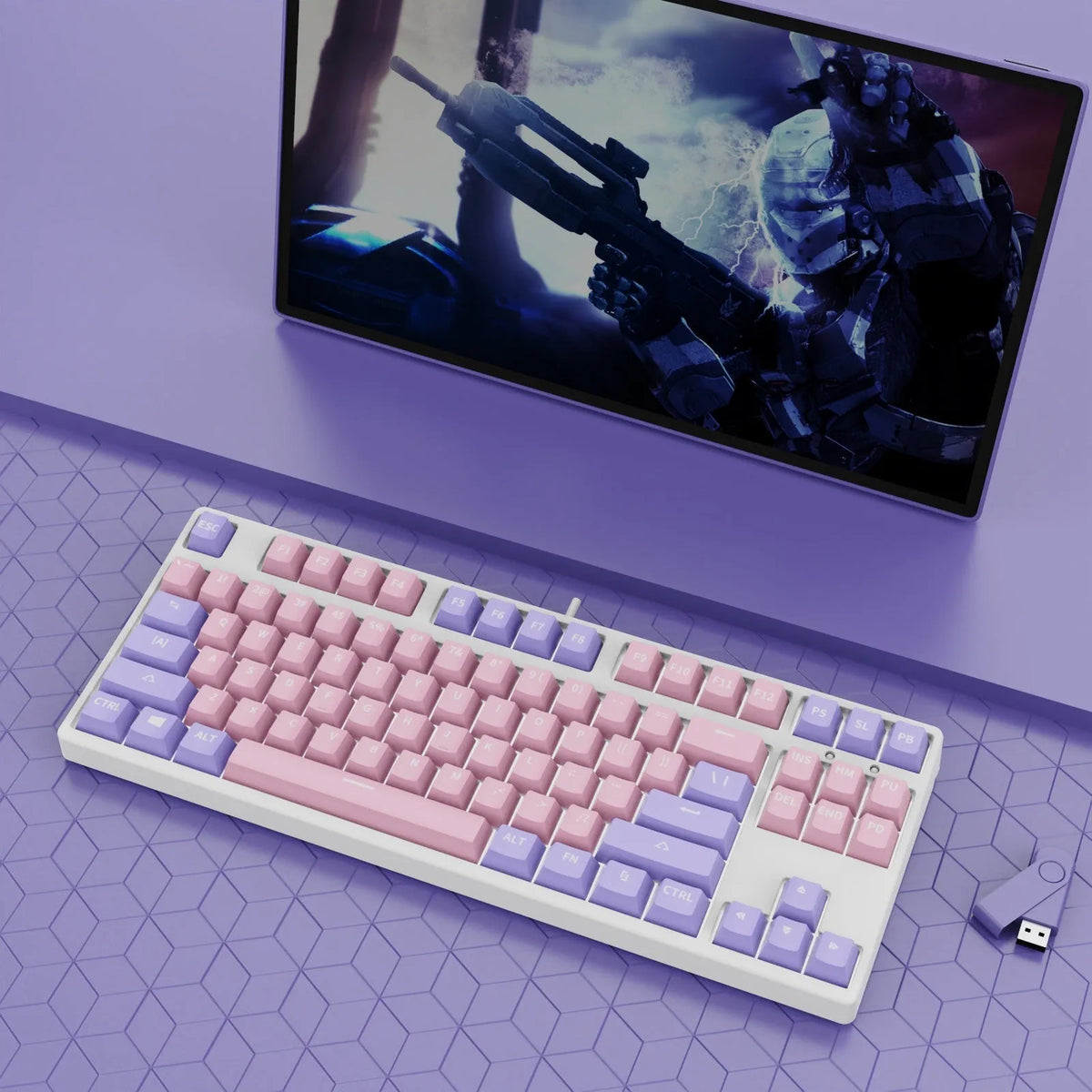 87 key wired mechanical keyboard with hot-swappable switches showing dual-colour keycap theme on metal body