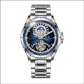 Silver automatic mechanical watch with blue dial on stainless steel bracelet