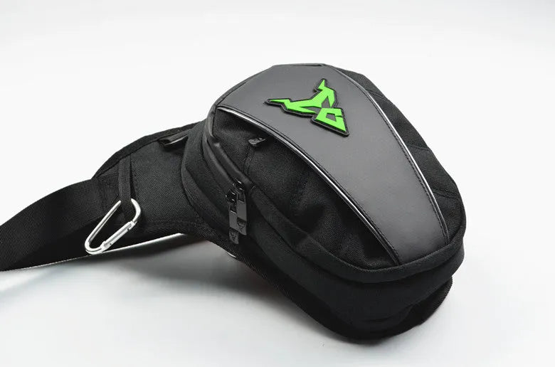 Motorcycle leg bag made of 1200D Oxford cloth in blue, shown mounted on a rider's thigh.